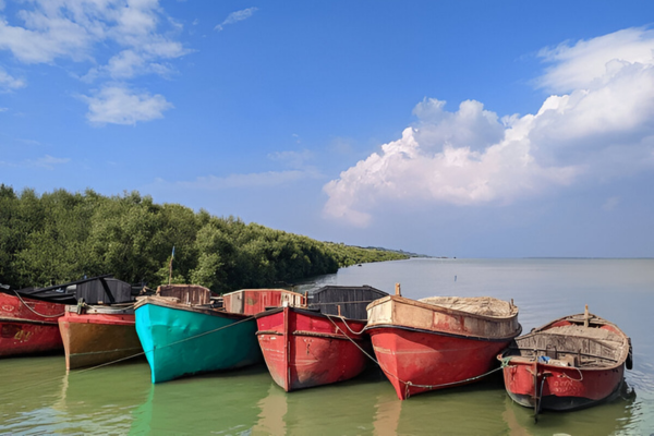 Wooden fishing boats moored near Cox's Bazar
